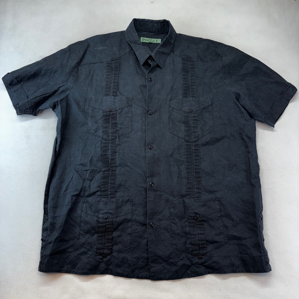 Inserch Guayabera Shirt Mens 2XL Black 100% Linen Short Sleeve Pleated Cuban Top